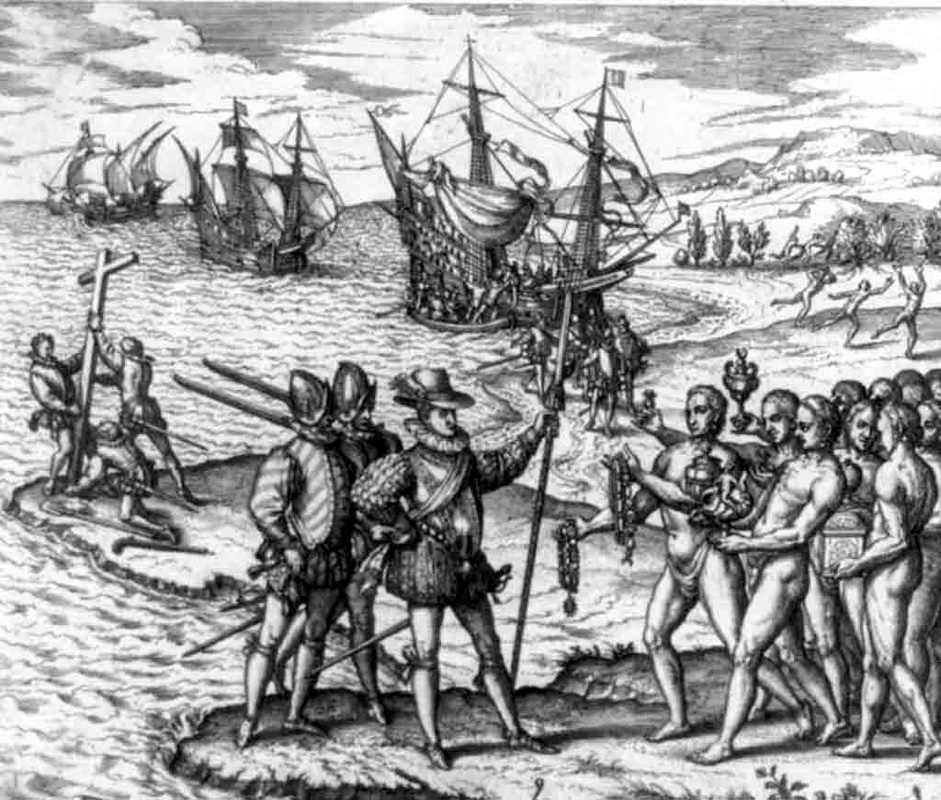 Theodor de Bry: Die Landung des Columbus 1492, Kupferstich aus dem Jahr 1594